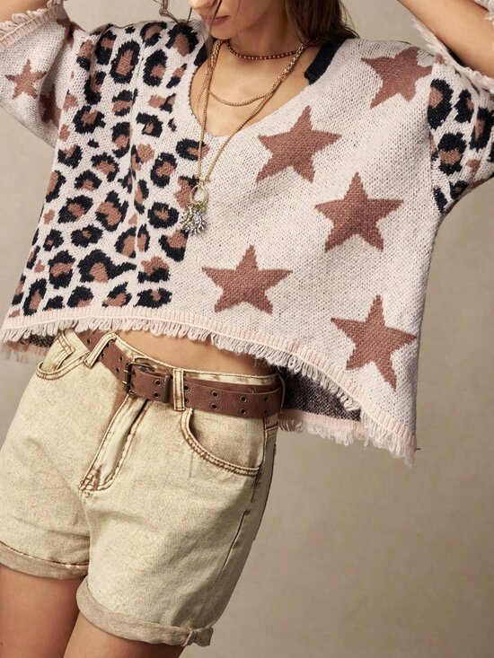 Sweaters - Brown Casual Women's Leopard Print & Star Sweater